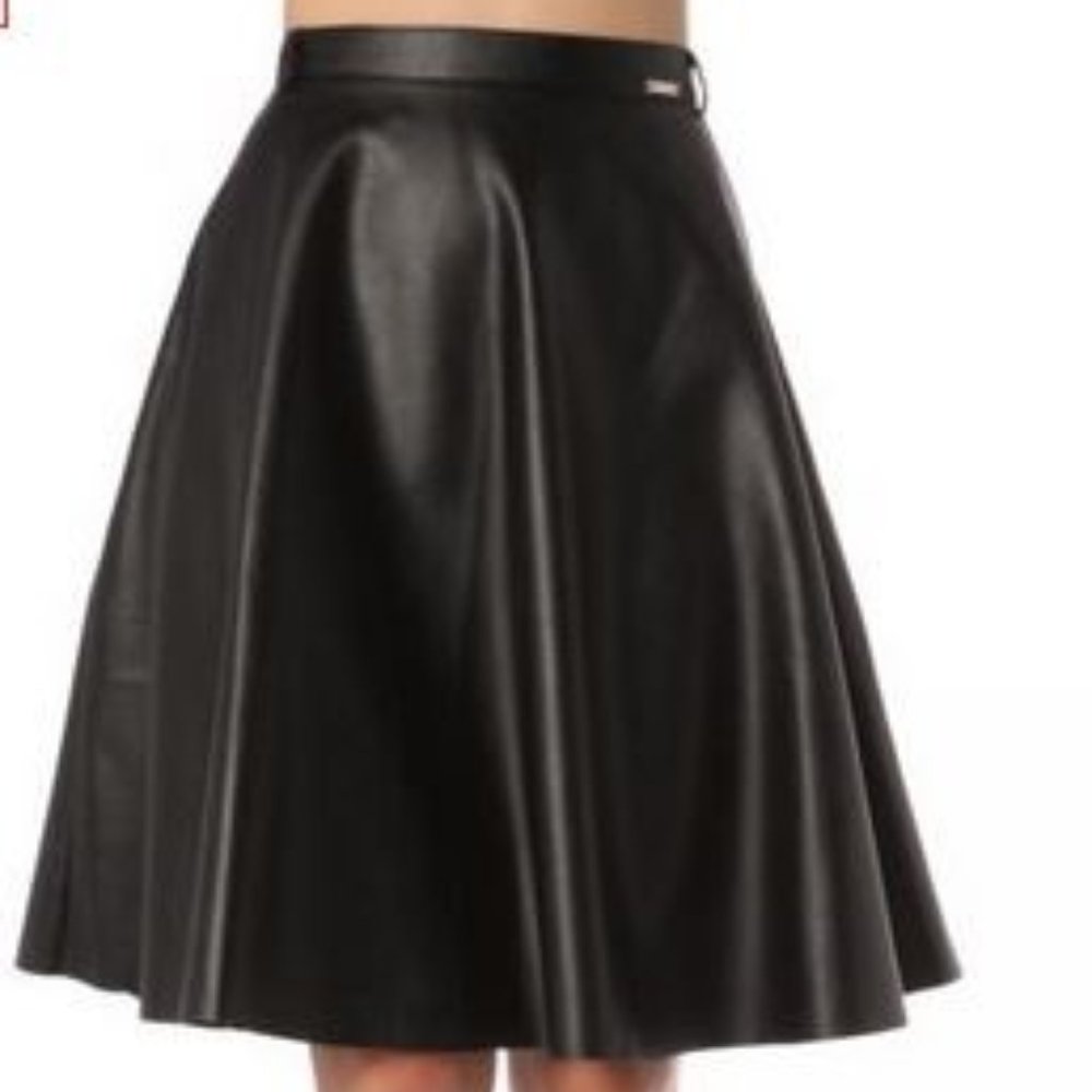 Black Faux Leather A-Line Midi Skirt